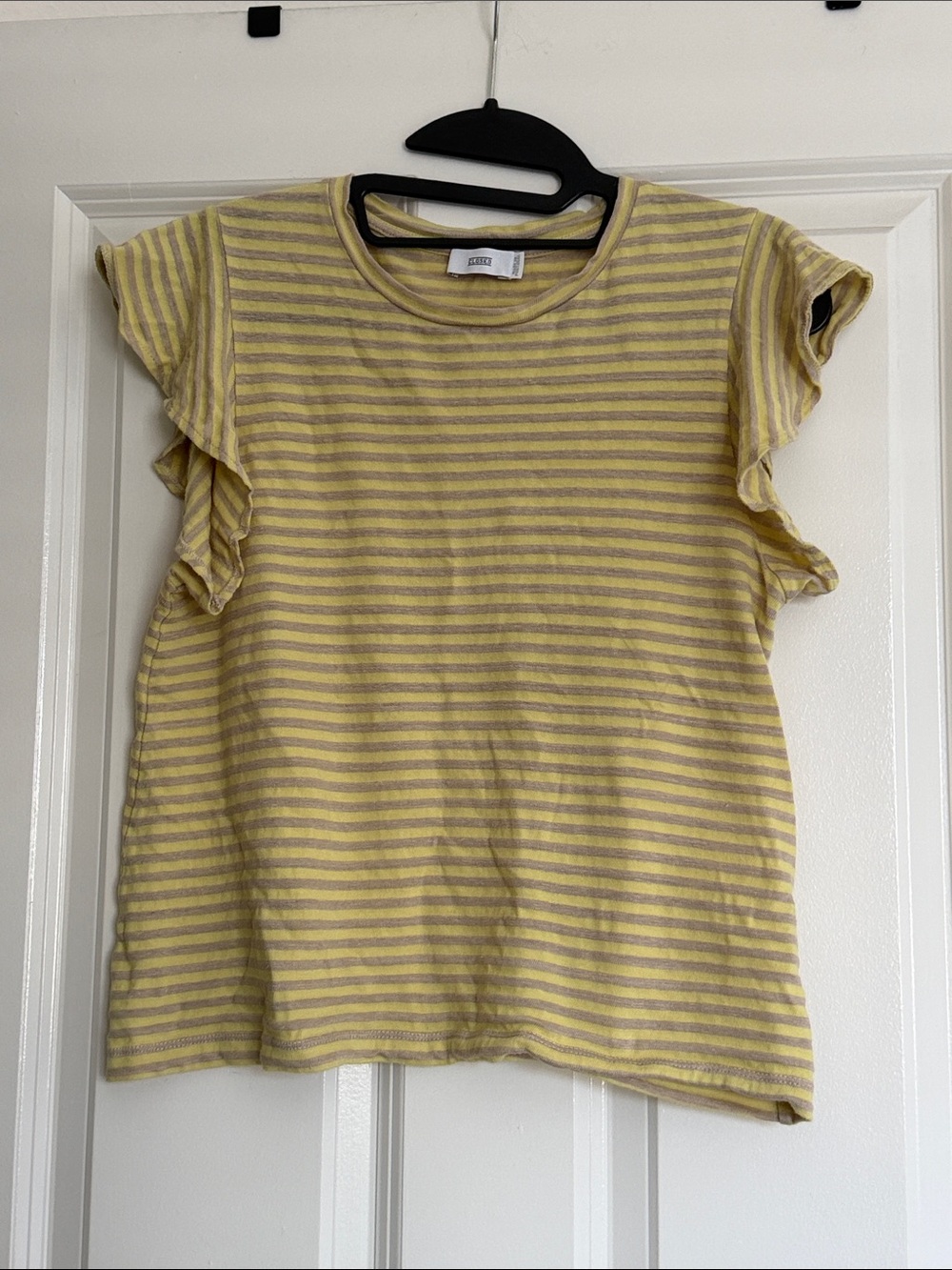 Closed Yellow and Gray Striped Ruffle Sleeve Tee